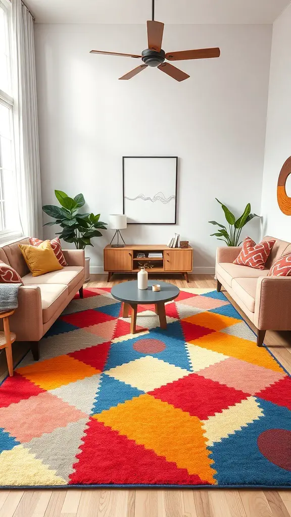 29+ Stylish Living Room Area Rug Ideas to Transform Your Space 9 Living room with a bold geometric patterned area rug featuring colorful triangles and squares.