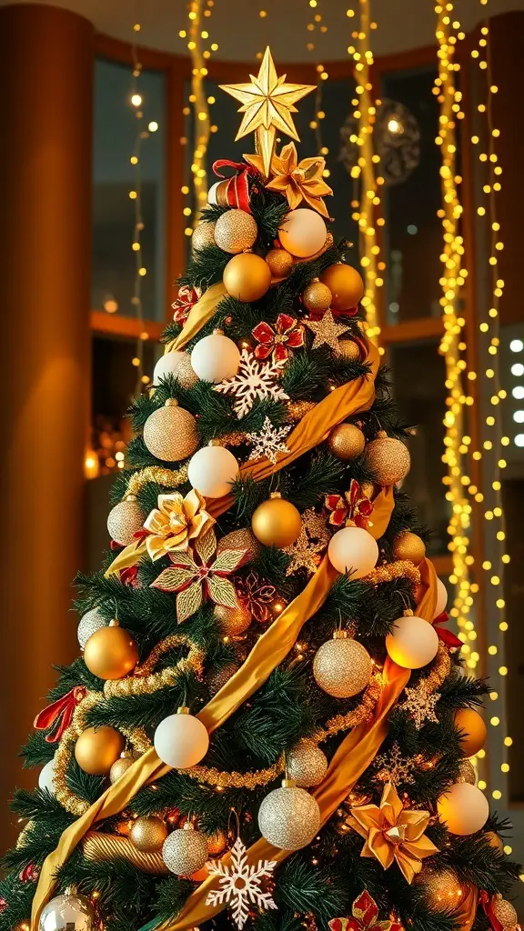 A beautifully decorated Christmas tree with gold and white ornaments, topped with a star and surrounded by warm lights.