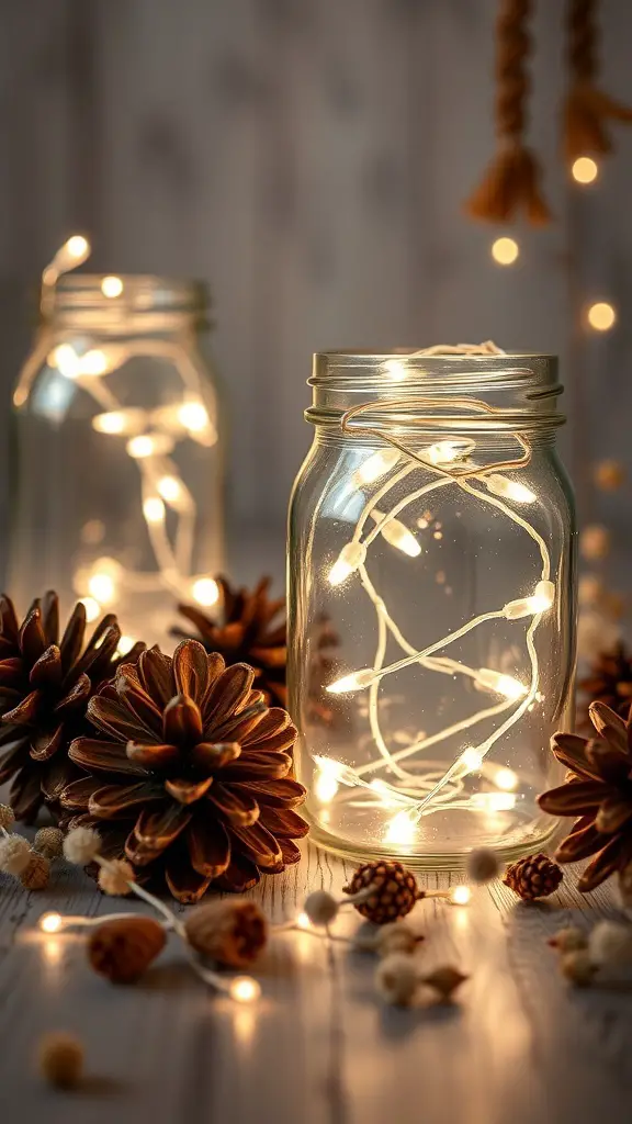 Mason jars filled with twinkling lights surrounded by pinecones and natural decor.