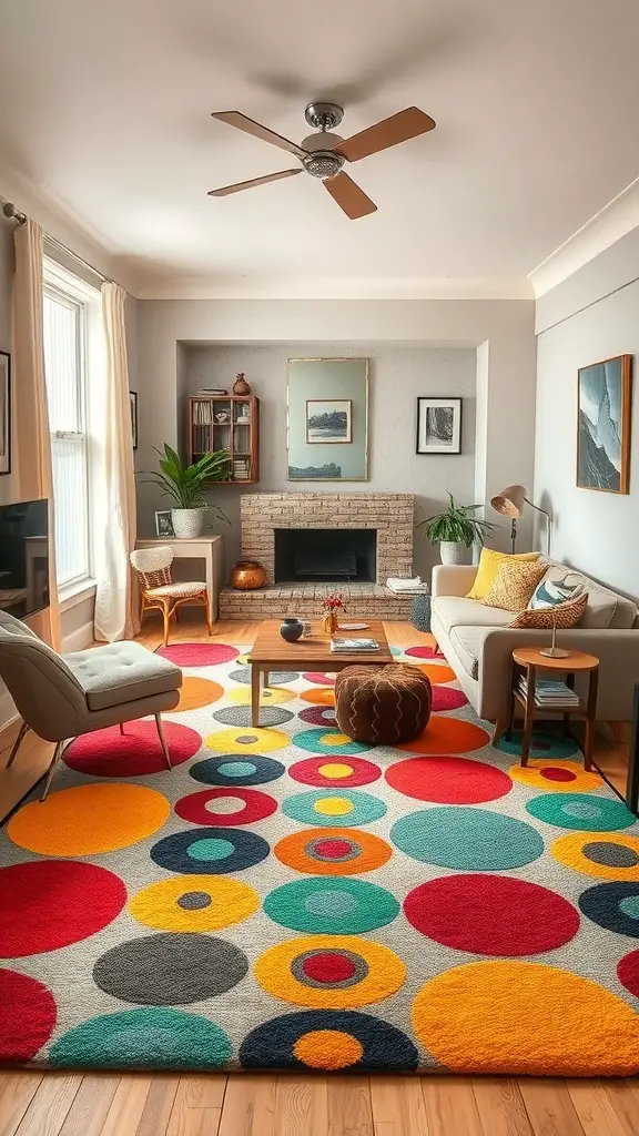 25+ Stunning Geometric Rug Designs for Your Home 12 A living room with a colorful geometric rug featuring large circles in red, yellow, teal, and gray.