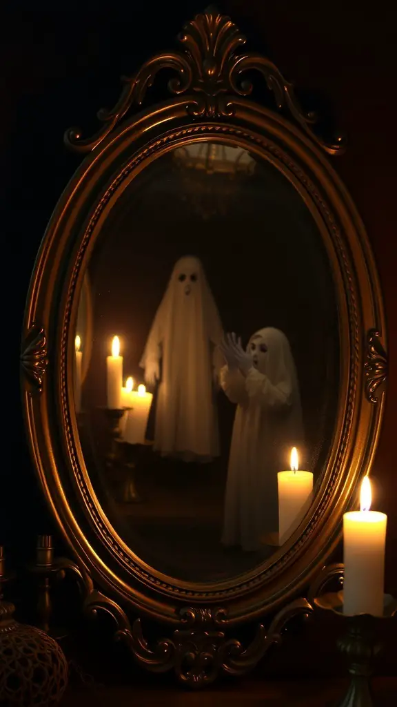 A haunted mirror with a ghostly reflection and flickering candles