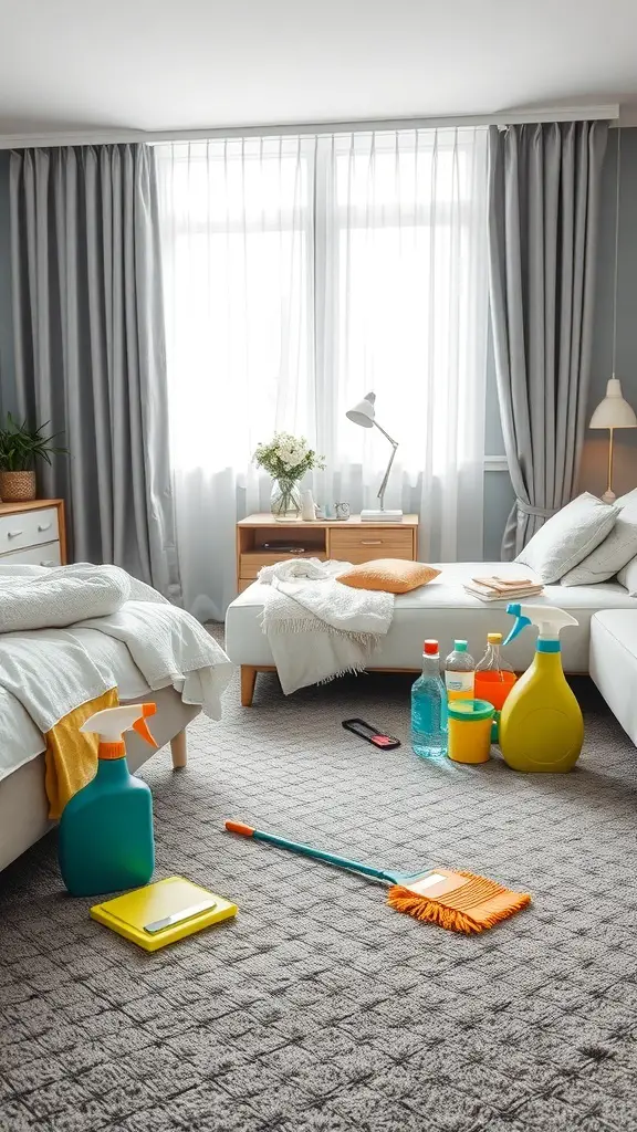 23+ Stylish Grey Carpet Bedroom Ideas for a Cozy Retreat 15 A bright bedroom with grey carpet and cleaning supplies arranged for maintenance.