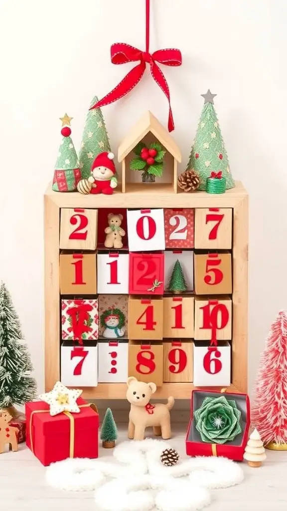 A festive wooden advent calendar with colorful drawers, decorated with mini Christmas trees and a teddy bear.
