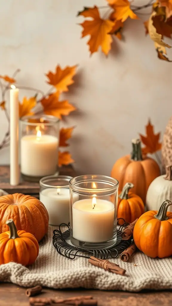 A cozy display of pumpkin spice candles surrounded by pumpkins and autumn leaves.