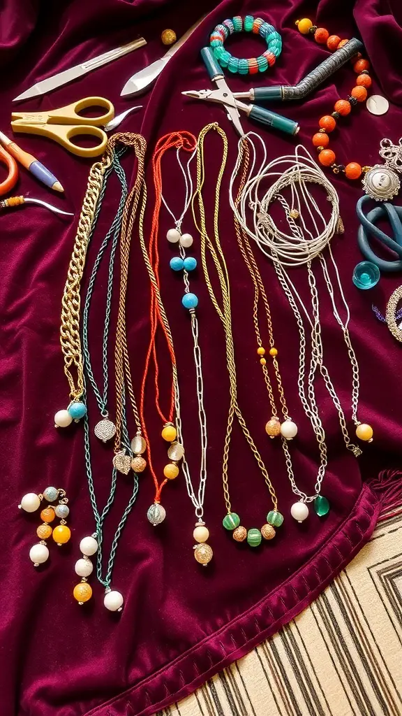 A variety of handmade necklaces and jewelry-making tools on a burgundy fabric.