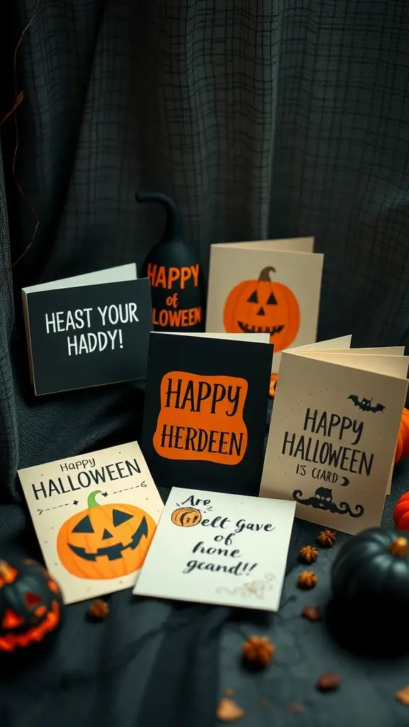 A collection of Halloween greeting cards with pumpkins and spooky messages.