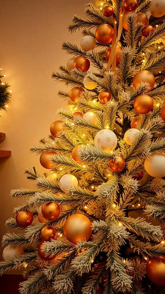 A beautifully decorated cream and gold Christmas tree with warm white lights.