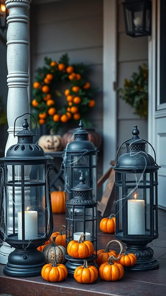 Vintage lanterns with candles and small pumpkins on a porch