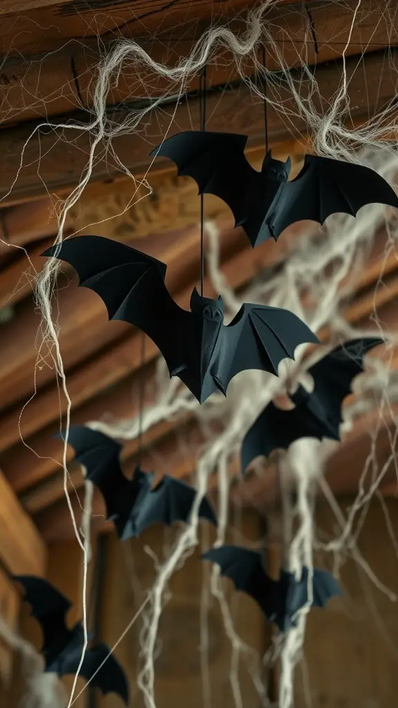 Hanging bat decorations with spider webs