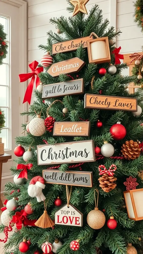 A rustic Christmas tree decorated with wooden signage featuring various festive phrases.