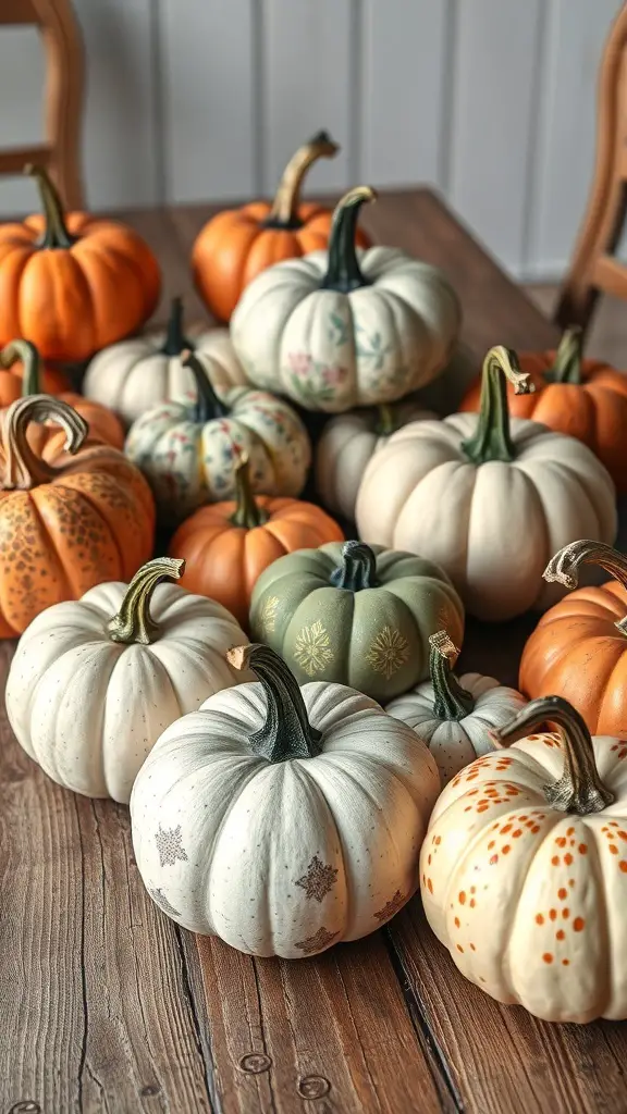 A collection of decorative pumpkins in various colors and patterns arranged on a wooden table.