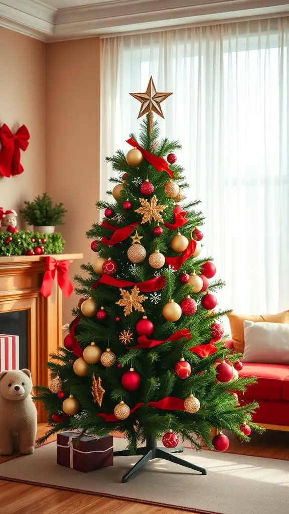 A beautifully decorated Christmas tree with red and gold ornaments, topped with a star, set in a cozy living room.