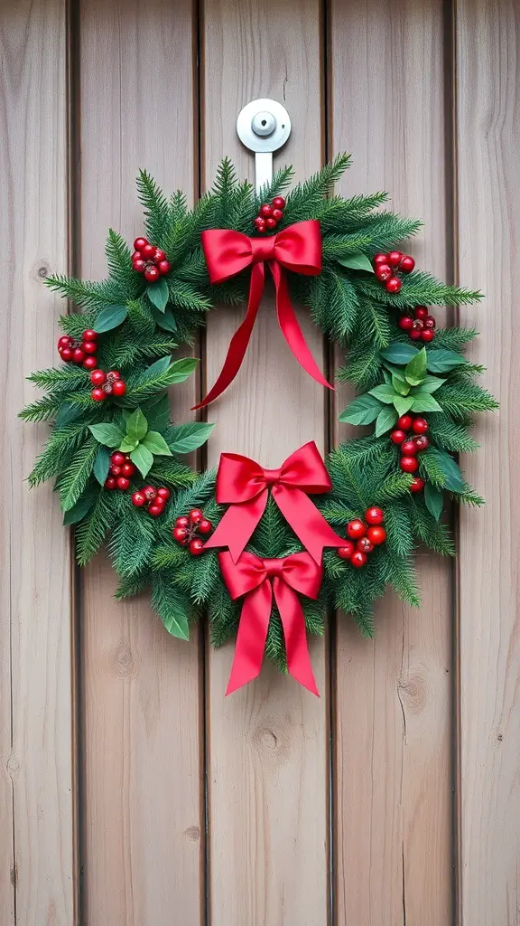 A traditional Christmas wreath with red bows and berries on a wooden door.
