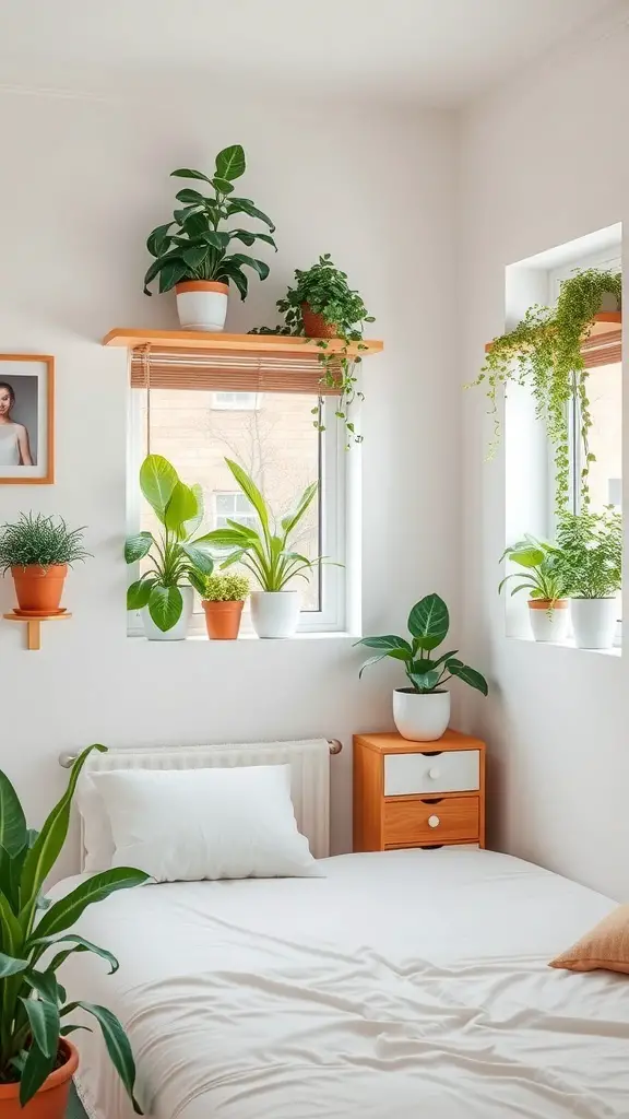 35+ Stunning Small Bedroom Interior Ideas for Cozy Spaces 5 A small bedroom with various indoor plants on window sills and shelves, creating a fresh and inviting atmosphere.