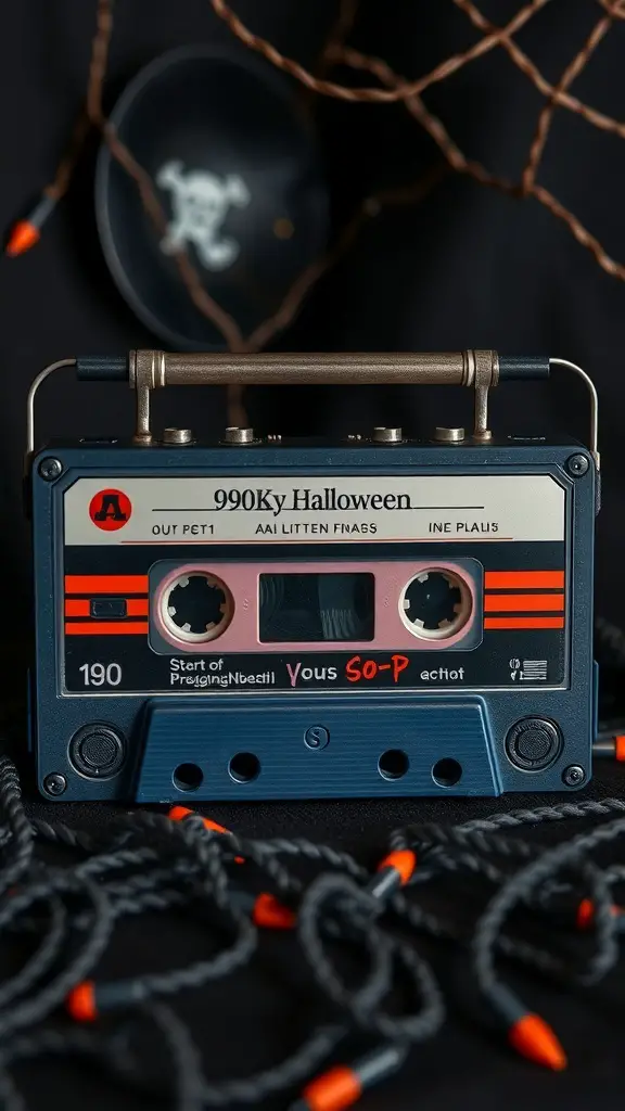 A vintage cassette tape labeled '990Ky Halloween' surrounded by Halloween-themed decorations.