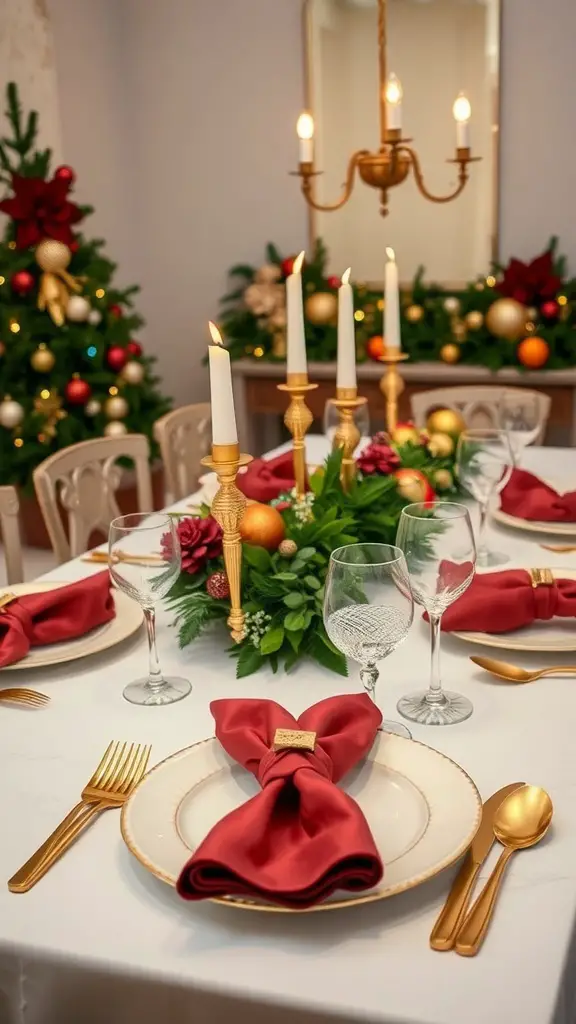 A stylish holiday table setting with red napkins, gold cutlery, and a festive centerpiece.