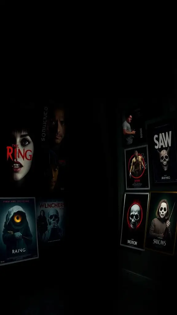 A collection of horror movie posters from the 2000s, featuring titles like 'The Ring' and 'Saw'.