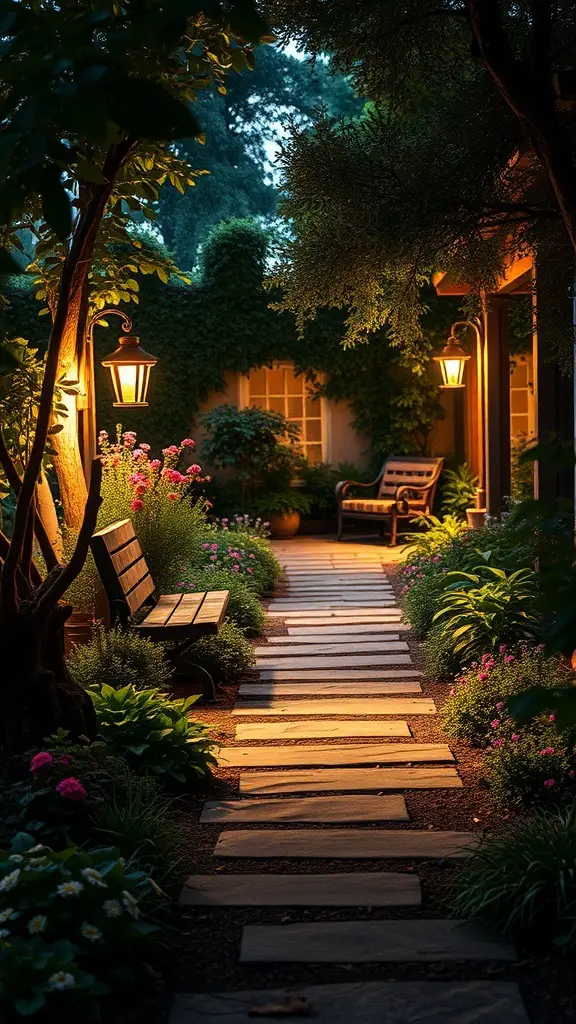 A rustic garden path illuminated by warm lanterns, surrounded by lush plants and flowers.