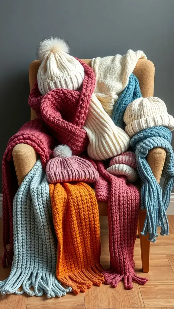 A cozy display of knitted scarves and hats in various colors on a chair.