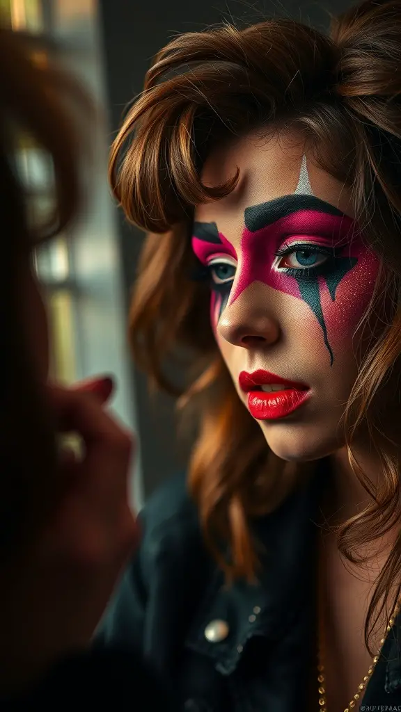 A close-up of a person with bold 70s Halloween makeup featuring bright pink and black designs.