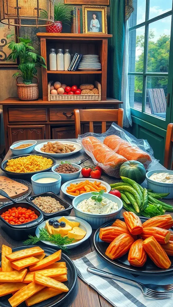 29+ Inspiring Acrylic Painting Ideas to Spark Your Creativity 13 A beautifully arranged table with various dishes including fries, vegetables, and sauces, set in a cozy kitchen.