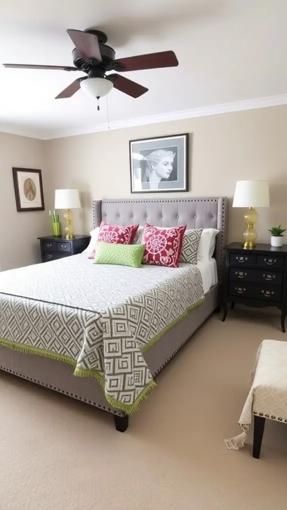 A small master bedroom featuring a king bed with vibrant bedding and decorative pillows