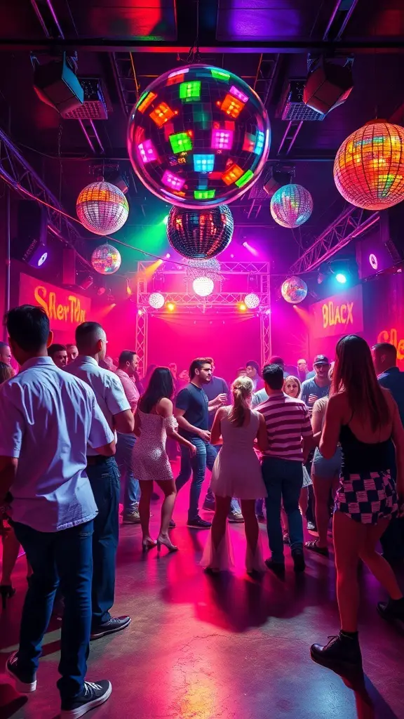 A vibrant disco-themed Halloween party with colorful lights and disco balls, featuring people dancing in 70s-inspired costumes.