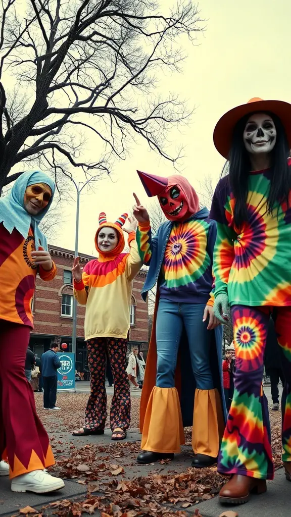 A group of four people in colorful 1960s inspired Halloween costumes with tie-dye patterns and playful masks.