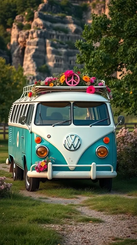 A vintage VW bus decorated with flowers and a peace sign, set against a scenic backdrop.