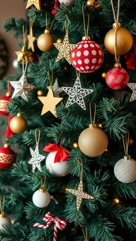 A close-up of a Christmas tree decorated with handmade ornaments, including red and gold baubles and star shapes.