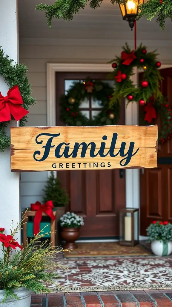 A wooden personalized family name sign with 'Family Greetings' displayed on a decorated porch with wreaths and festive plants.