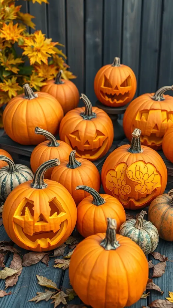 A collection of carved pumpkins with various designs, showcasing classic Halloween themes.