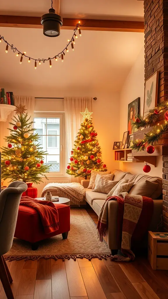 A cozy living room decorated for Christmas with two trees, warm lighting, and comfortable furniture.