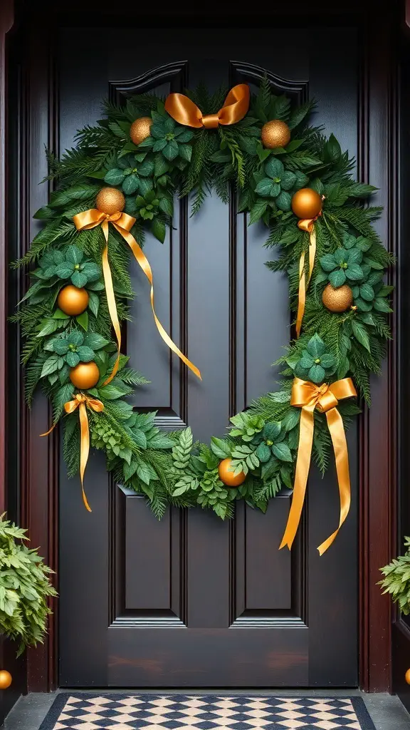 A lush greenery wreath decorated with gold ornaments and ribbons on a dark door.