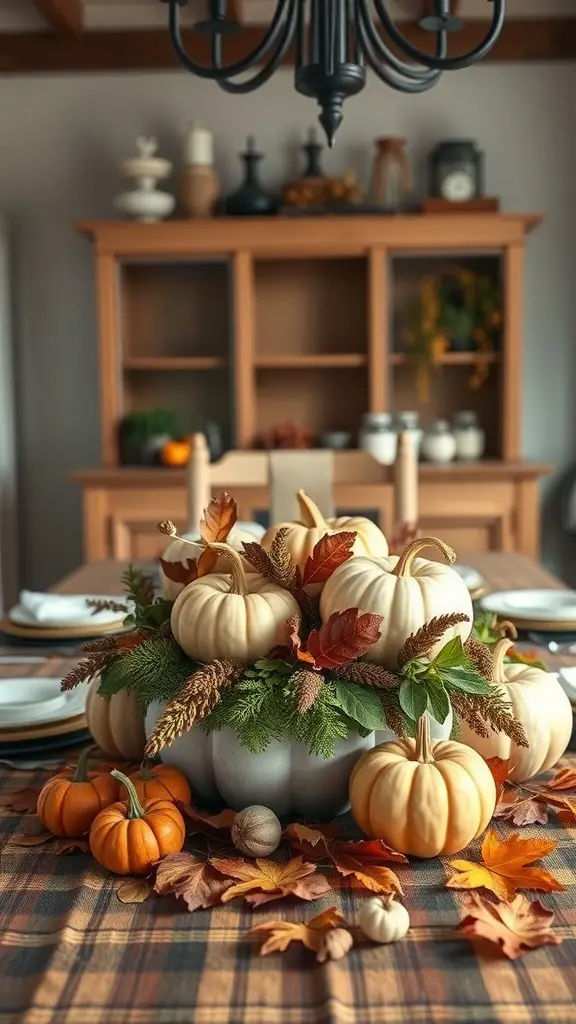 A rustic pumpkin centerpiece with white and orange pumpkins, autumn leaves, and greenery on a table.