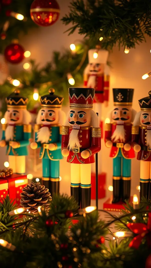 A festive display of colorful nutcracker figures surrounded by Christmas lights and decorations.