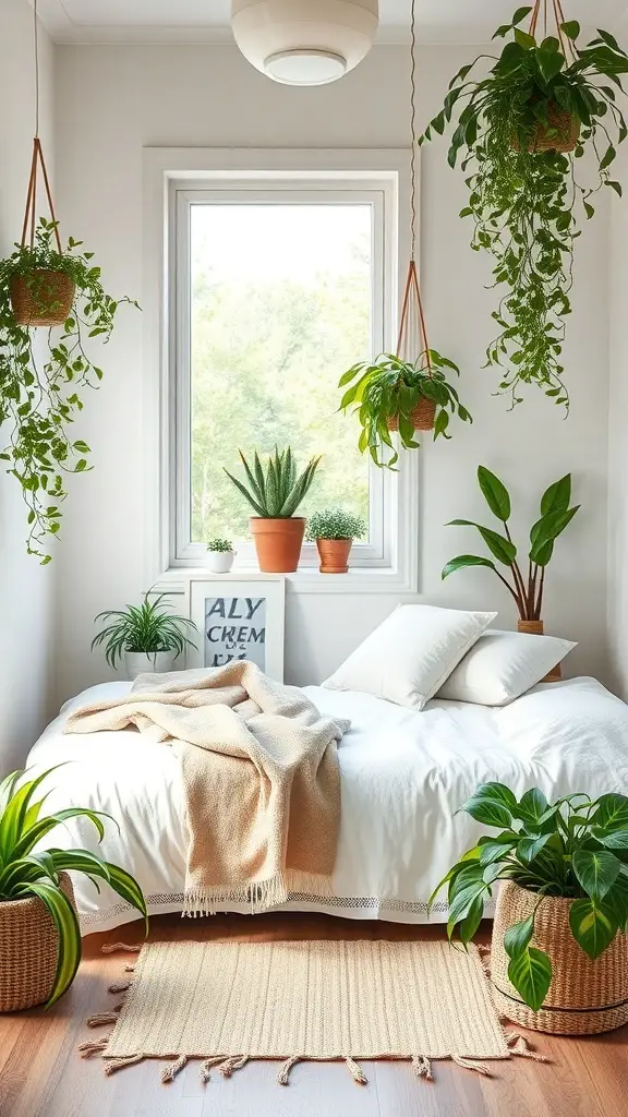 31+ Stylish Bedroom Ideas for Small Rooms 14 A small bedroom with various plants, including hanging and potted varieties, creating a fresh and inviting atmosphere.