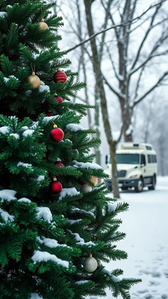 A green velvet Christmas tree with ornaments, snow on the branches, and a winter street in the background.