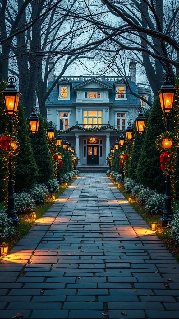 A charming pathway lined with lanterns leading to a beautifully decorated mansion.