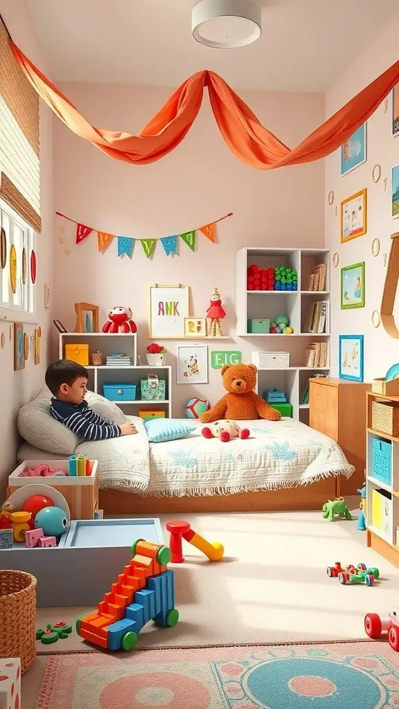 A colorful playroom with toys, a bed, and cheerful decorations.