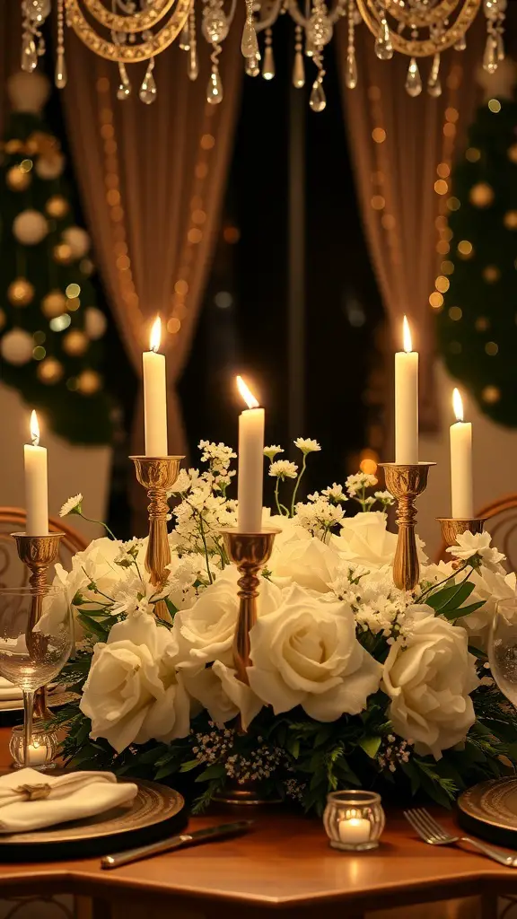 A candlelit floral centerpiece featuring white roses and greenery, surrounded by gold candle holders, set on a wedding table.