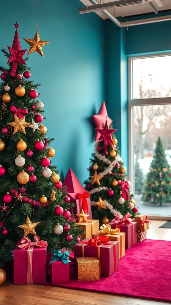 A modern Christmas decor scene featuring two colorful trees and vibrant presents.
