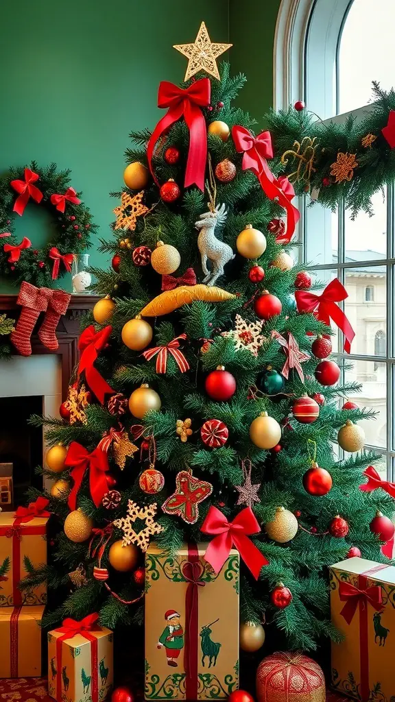 A beautifully decorated Christmas tree with red and green colors, featuring bows, ornaments, and presents.