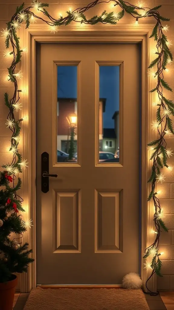 A door decorated with fairy lights and greenery, creating a festive atmosphere.