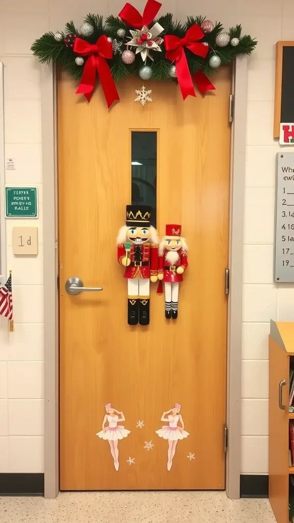 Classroom door decorated for the Nutcracker Ballet with nutcracker figures and ballet dancer cutouts.