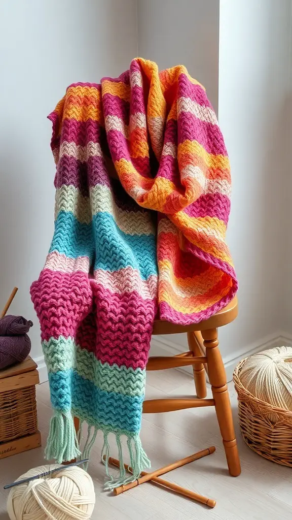 Colorful knit scarf draped over a chair with yarn balls nearby