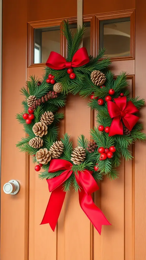 A festive wreath with pinecones, red berries, and bows on a door.