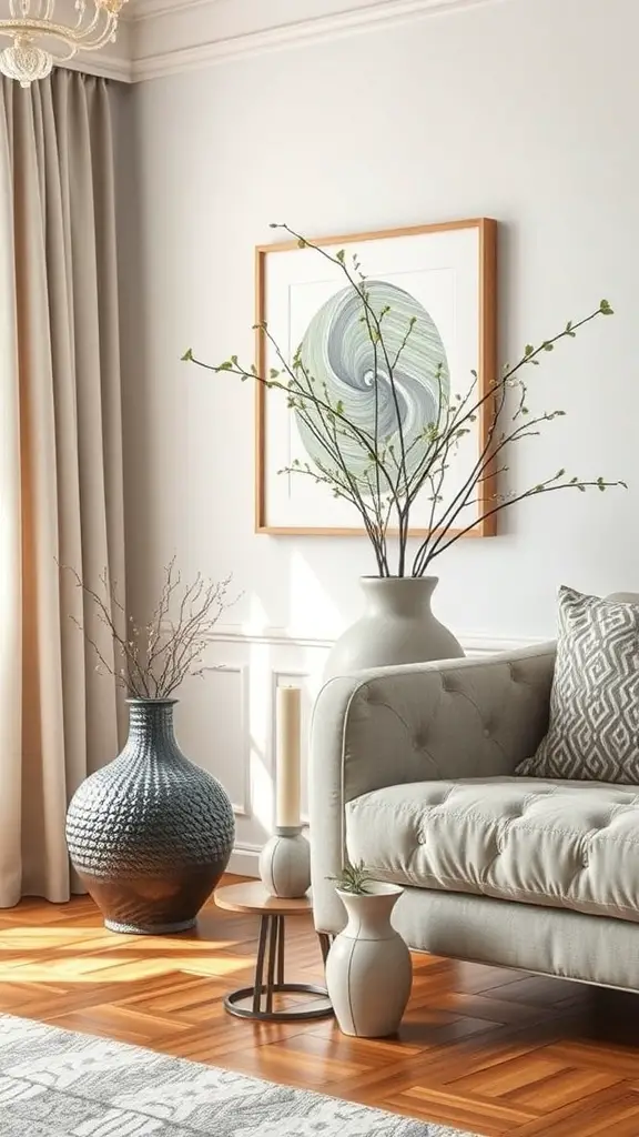 Stylish home decor with vases and a cozy sofa in a bright room