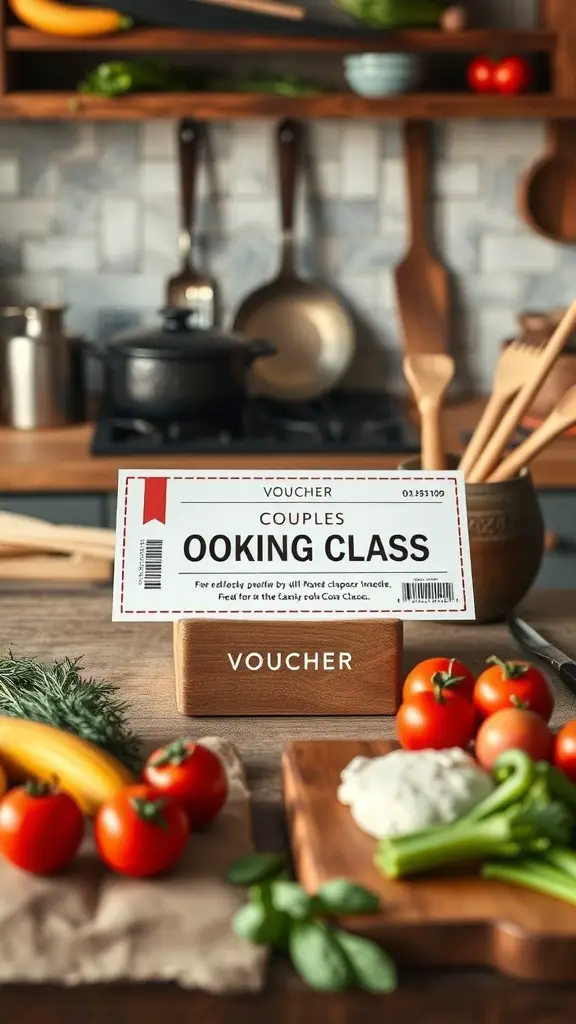 27 Thoughtful Engagement Gifts Your Friends Will Love 2 A couples cooking class voucher displayed on a kitchen counter with fresh vegetables and herbs around it.