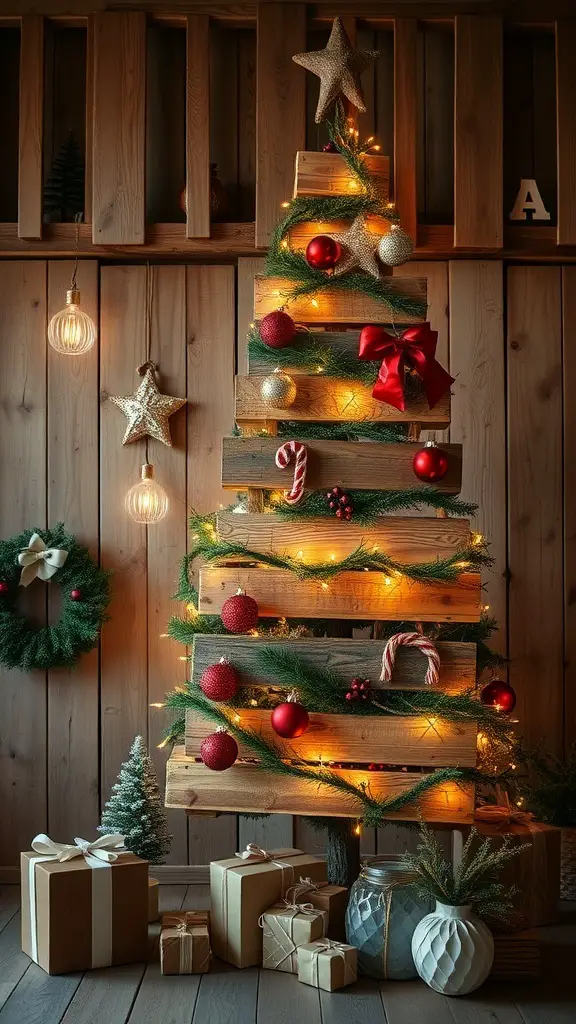 A rustic pallet Christmas tree decorated with lights, ornaments, and surrounded by gifts.